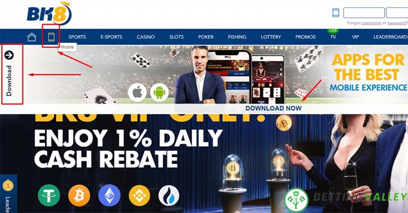 Truy cập vào tran chủ BK8 chọn biểu tượng Mobie